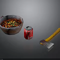 Bowl With Red Liquid Vegetables Coca Cola Can And Wooden Handle Axe
