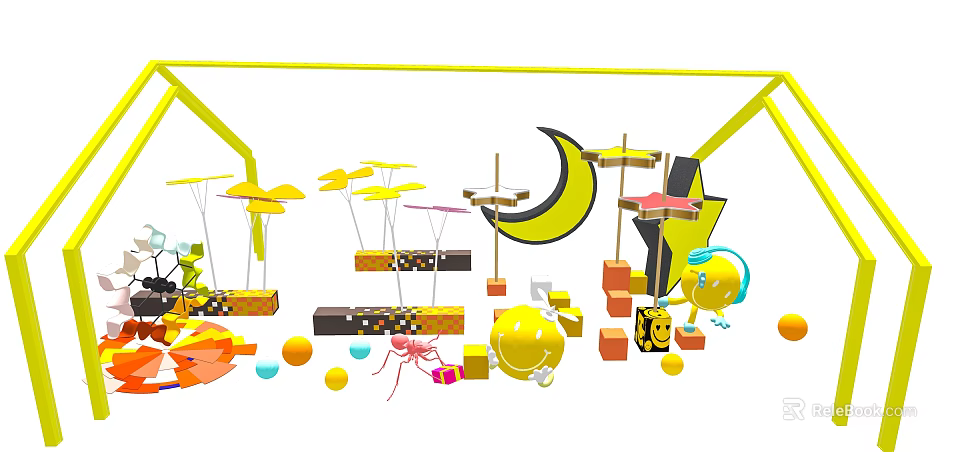 Playful Kids Decorations With Yellow Moon Star Smiley Balloons And Colorful Blocks 3d model 