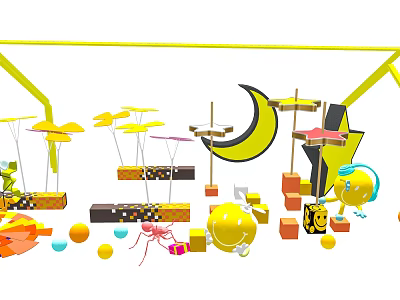 Playful Kids Decorations With Yellow Moon Star Smiley Balloons And Colorful Blocks 3d model
