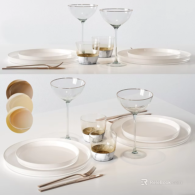 Modern Tableware Set With White Plates Glass Cups Wine Glasses And Forks 3d model 