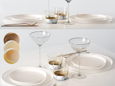 Modern Tableware Set With White Plates Glass Cups Wine Glasses And Forks 3d model