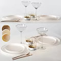 Modern Tableware Set With White Plates Glass Cups Wine Glasses And Forks