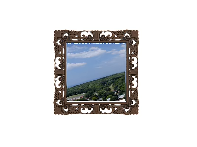 Ornate Carved Frame Mirror Reflecting Blue Sky White Clouds Green Trees And Grass 3d model