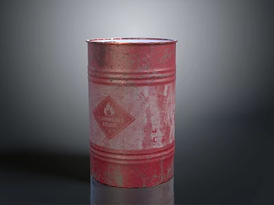 Rusty Red Metal Drum Equipment With Flammable Label And Worn Surface 3d model