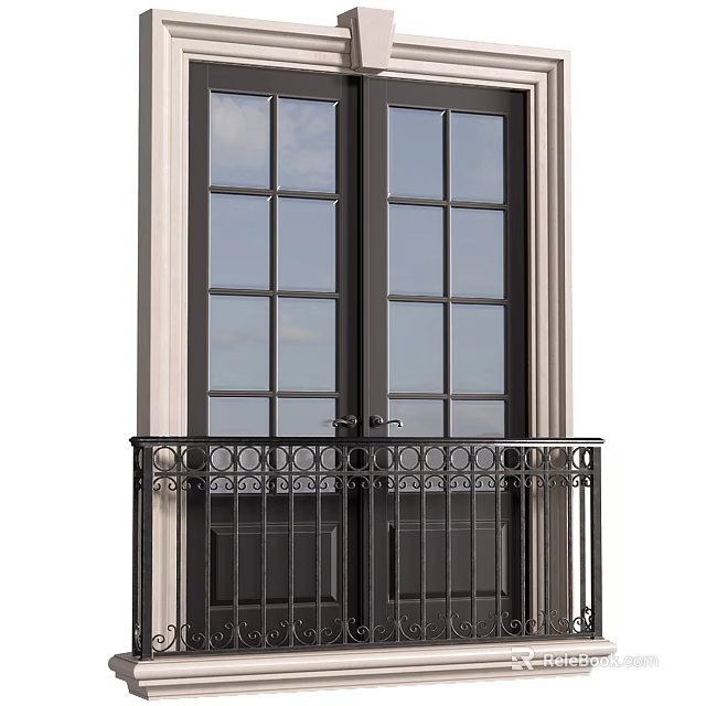 Black Double Doors With Glass Panels And Ornate Balcony Railing Design 3d model 