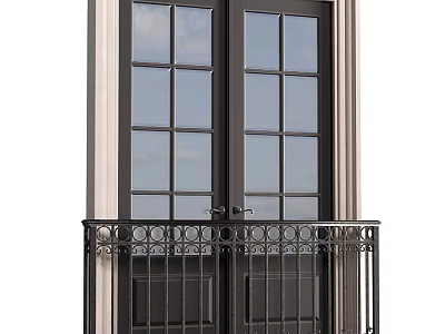 Black Double Doors With Glass Panels And Ornate Balcony Railing Design 3d model