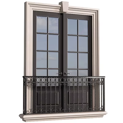 Black Double Doors With Glass Panels And Ornate Balcony Railing Design 3d model