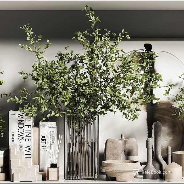 Modern Decorative Ornament Set With Green Foliage Glass Vase Stacked Books And Sculptural Decor Pieces 3d model 