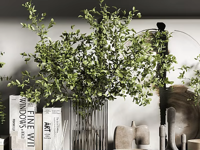 Modern Decorative Ornament Set With Green Foliage Glass Vase Stacked Books And Sculptural Decor Pieces 3d model