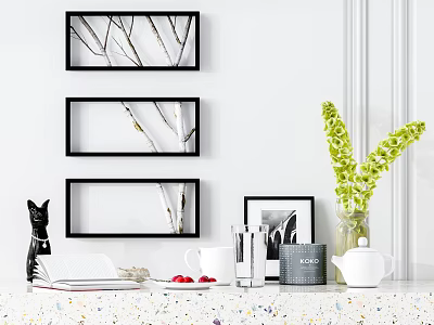 Decorative Ornament Set with Black Frame Wall Art Cat Figurine Green Plant and Table Decor 3d model