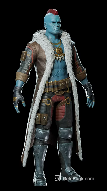 Adventurous Blue Skinned Creature In Long Fur Trimmed Coat With Leather Armor And Ammunition Belt 3d model 