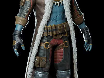 Adventurous Blue Skinned Creature In Long Fur Trimmed Coat With Leather Armor And Ammunition Belt 3d model
