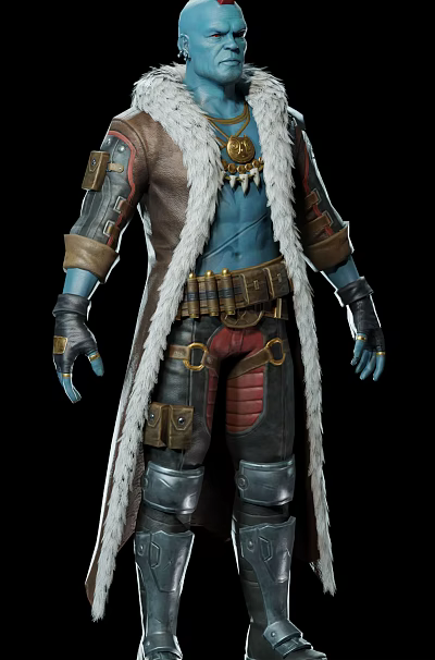 Adventurous Blue Skinned Creature In Long Fur Trimmed Coat With Leather Armor And Ammunition Belt 3d model
