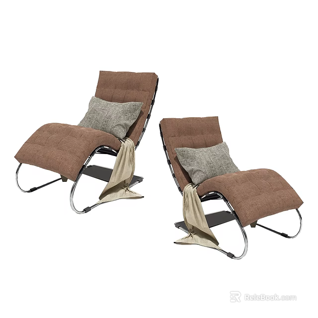 Two Brown Lounge Chairs With Gray Cushions Beige Blankets And Metal Frame 3d model 