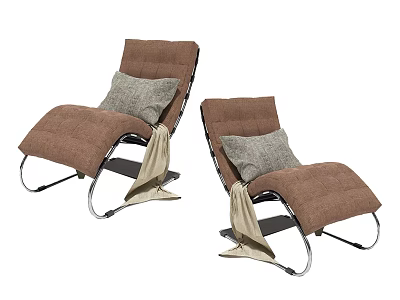Two Brown Lounge Chairs With Gray Cushions Beige Blankets And Metal Frame 3d model