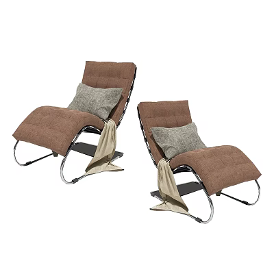 Two Brown Lounge Chairs With Gray Cushions Beige Blankets And Metal Frame 3d model