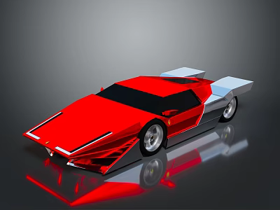 Red Angular Sports Car With White Accents Black Windows And Silver Wheels 3d model