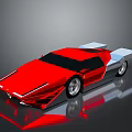 Red Angular Sports Car With White Accents Black Windows And Silver Wheels