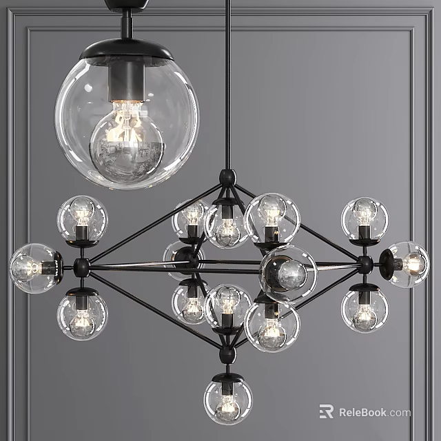 Modern Chandelier with Multiple Glass Globe Shades Black Metal Frame and Bright LED Bulbs 3d model 