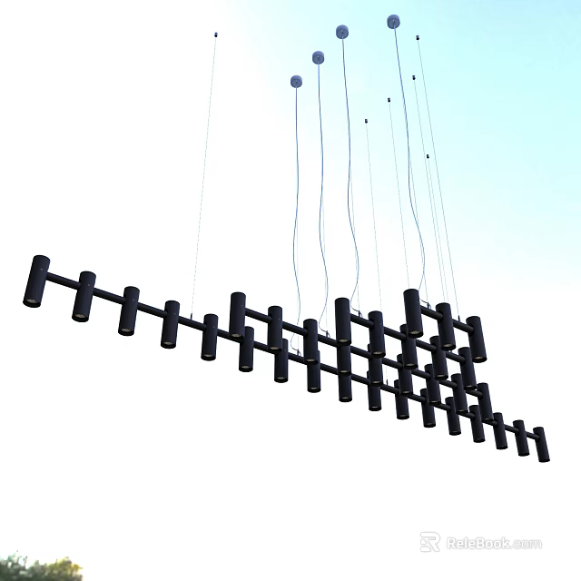 Black Downlights And Spotlights Hanging In Linear Arrangement Against Blue Sky 3d model 