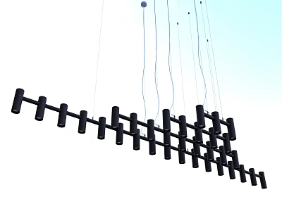 Black Downlights And Spotlights Hanging In Linear Arrangement Against Blue Sky 3d model