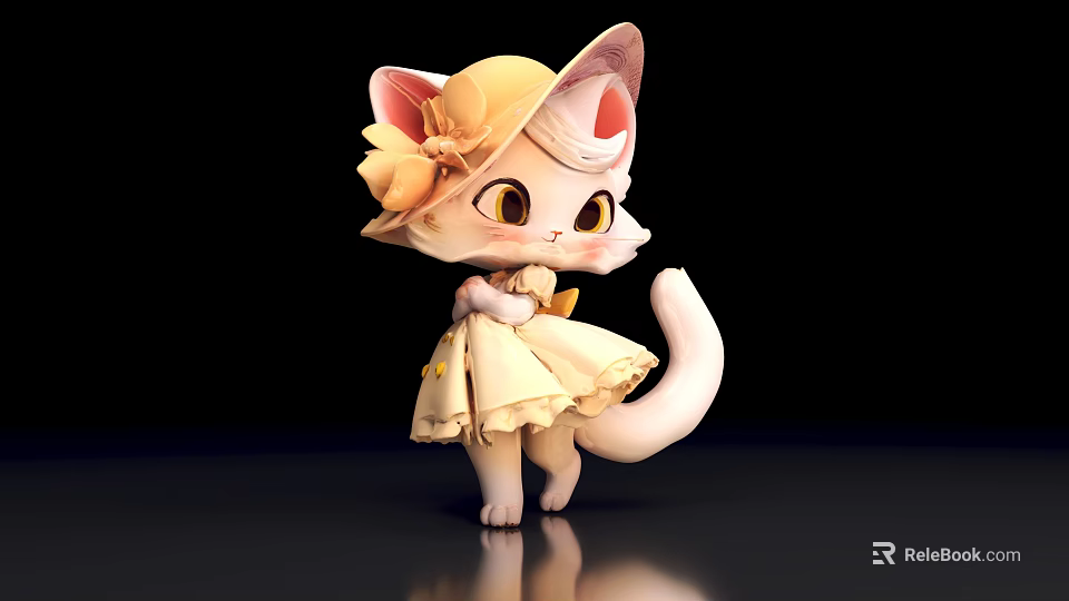 Cute Cartoon Cat Wearing Yellow Dress And Hat With Bow And Big Eyes 3d model 