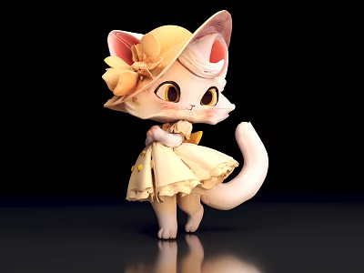Cute Cartoon Cat Wearing Yellow Dress And Hat With Bow And Big Eyes 3d model