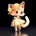 Cute Cartoon Cat Wearing Yellow Dress And Hat With Bow And Big Eyes