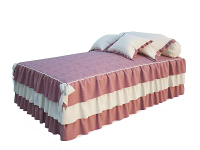 Cute Kids Bed With Pink And White Striped Ruffled Bed Skirt And Soft Pillows 3d model