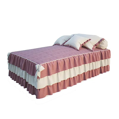 Cute Kids Bed With Pink And White Striped Ruffled Bed Skirt And Soft Pillows 3d model