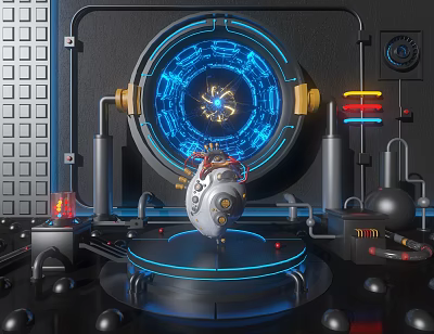 Futuristic Tech Setup With Holographic Circular Display Metallic Sphere Mechanical Devices And Neon Lights 3d model