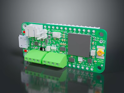 Green Circuit Board with Microcontroller Display Screen Green Terminal Connectors and Electronic Components 3d model