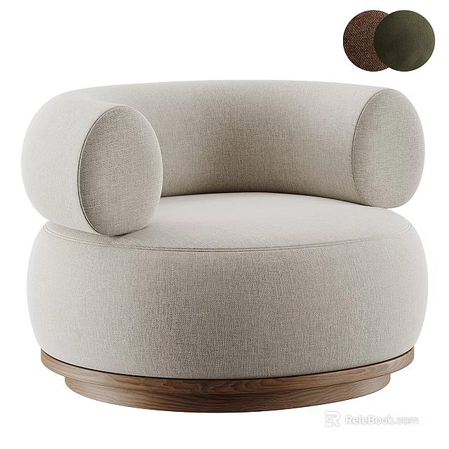 Modern Beige Fabric Armchair With Rounded Arms Round Shape And Wooden Base 3d model 