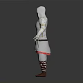 Hooded White Outfit With Red Trim Brown Belt Straps Leggings And Boots