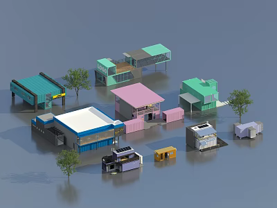 Colorful Container Buildings With Diverse Designs Small Trees And Vehicles 3d model