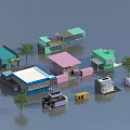Colorful Container Buildings With Diverse Designs Small Trees And Vehicles 3d model