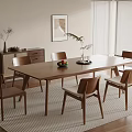 Modern Minimalist Wooden Dining Table Set with Chairs Fruit Tray Window Blinds Cabinet And Plant