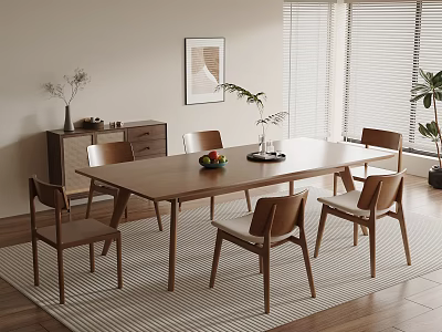 Modern Minimalist Wooden Dining Table Set with Chairs Fruit Tray Window Blinds Cabinet And Plant 3d model