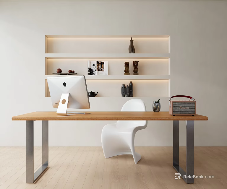 Modern Wooden Desk and Chair Set with Metal Legs White Chair and Decorations on Shelf 3d model 