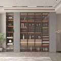 Modern Wine Cabinet With Glass Doors Showcasing Wine Bottles Wine Glasses And Layered Shelves