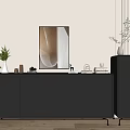 Contemporary Entryway Cabinet And Side Cabinet With Dark Surface Metal Legs And Decorative Plants