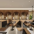 Modern Restaurant Interior Design With Glass Partition Comfortable Seats And Wooden Counter Lighting