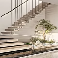 Modern Staircase With Metal Railings Light Wood Steps Small Tree And Pebbles