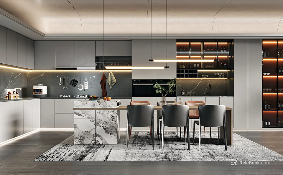 Elegant Modern Restaurant Interior With Marble Dining Table Chairs Pendant Lighting And Cabinets 3d model 