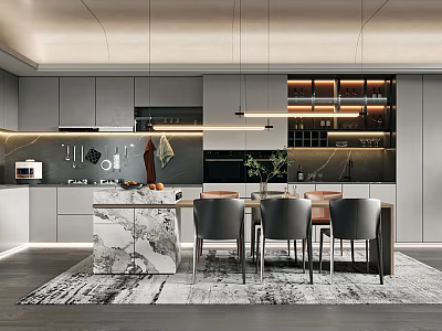 Elegant Modern Restaurant Interior With Marble Dining Table Chairs Pendant Lighting And Cabinets 3d model
