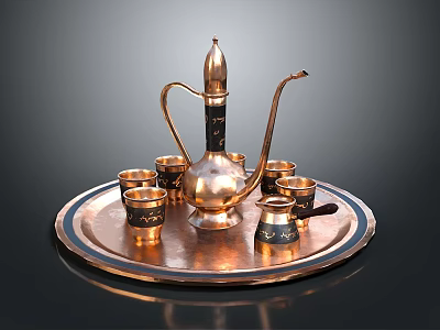 Vintage Copper Teapot Set With Small Cups On Round Tray 3d model