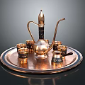 Vintage Copper Teapot Set With Small Cups On Round Tray