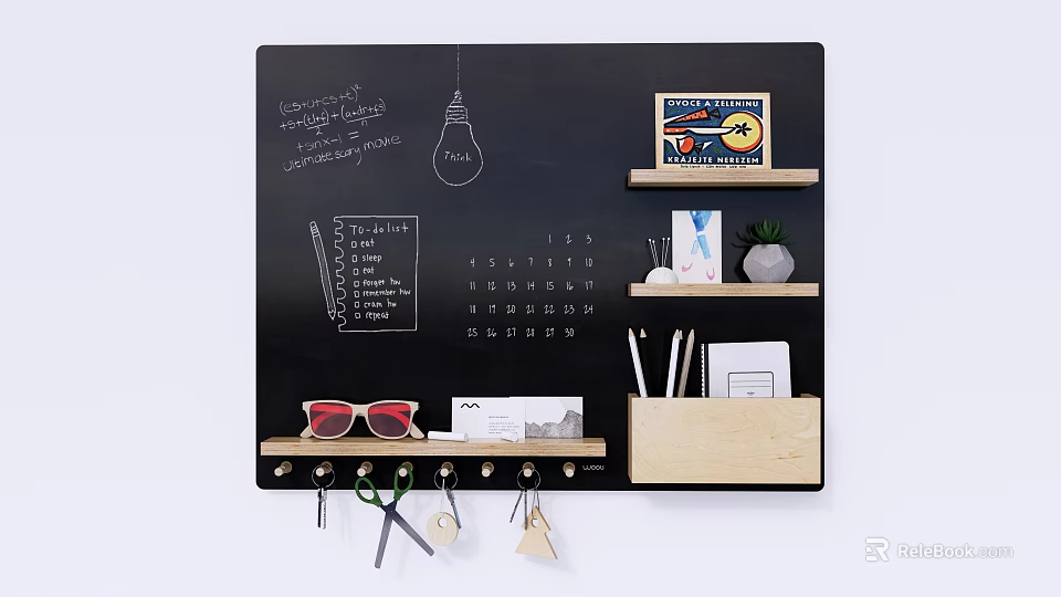 Wall Decor with Black Panel Handwritten Notes Light Bulb Small Shelves Calendar Key Hooks and Stationery 3d model 