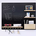 Wall Decor with Black Panel Handwritten Notes Light Bulb Small Shelves Calendar Key Hooks and Stationery