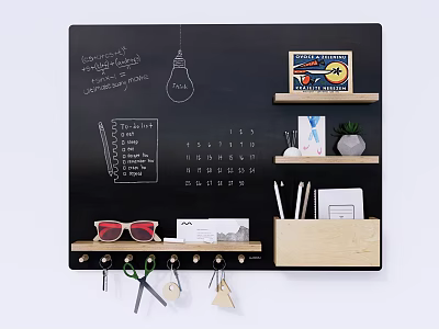 Wall Decor with Black Panel Handwritten Notes Light Bulb Small Shelves Calendar Key Hooks and Stationery 3d model